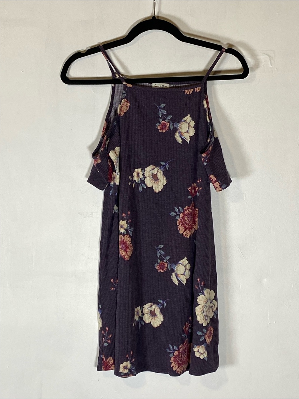 Love Fire Floral Cold Shoulder Tunic Top Purple Ribbed Whimsigoth Boho M‎
